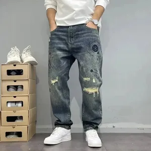 Patru anotimpuri New Fashion pentru bărbați americani High Street gaură petice pantaloni largi pantaloni blugi vintage spălați din denim pentru bărbați