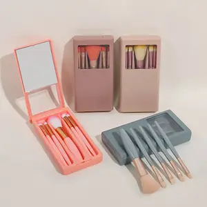 Bærbart mini makeup børste sæt med spejl etui 5 stk rejse makeup børster til foundation øjenskygge concealer