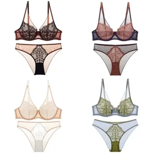 Mesh Lace Flower Bra Set Lingerie Underwear Push Up Bra Women Seamless Brassiere Mesh Bra Panties Kit Romantic Evenings