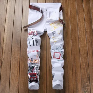 High Street Fesyen Lelaki Jeans Kelab Malam Warna Hitam Putih Pereka Peribadi Jeans Bercetak Lelaki Punk Seluar Jeans Kurus Hip Hop