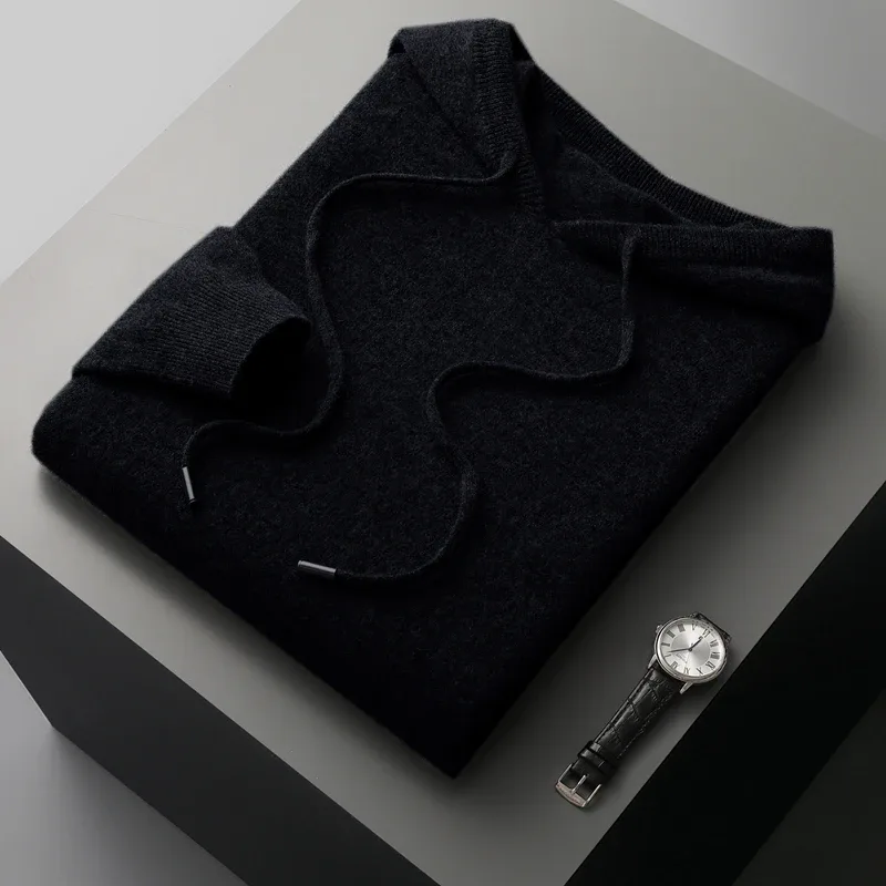 DjzDsm 100% laine mérinos homme une pièce prêt à porter sweat à capuche tricoté automne hiver décontracté grand haut à manches longues