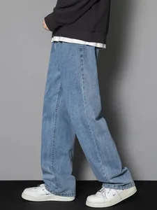 Celana Jeans Panjang Kasual Pria Korea Baru 2026 Celana Lebar Denim Lurus Pria Klasik Warna Solid Biru Muda Abu-abu Hitam