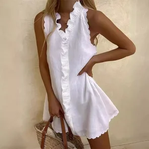 Mùa hè 2025 Gợi Cảm Thường Mini Nữ Thời Trang Thanh Lịch Kỳ Nghỉ Màu Ren Không Tay vestidos Cổ Chữ V Rời Áo