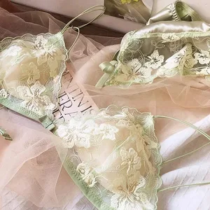 Pháp Hốc Bộ Đồ Lót Ren Lưới Thêu Tam Giác Cúp Không Dây Áo Bralette Retro Ren Mỏng Gợi Cảm Áo Ngực Thoải Mái USA Tushy MOYISU
