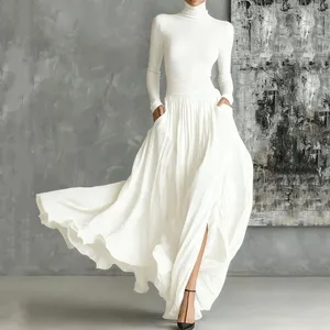 ฝรั่งเศส Elegant 2 ชิ้นชุดกระโปรงสำหรับสตรีกระเป๋า Solid Minimalist แยก Hem จีบสายคอเต่าวินเทจ Slim ชุด
