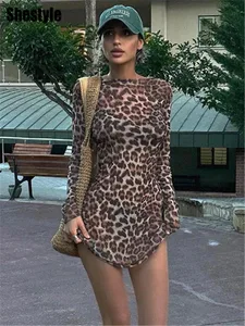 Shestyle Leopard Sexy A-Line Dress Women Two Piece Sets Mesh See Through Fashion Extremely Hot High Street Animal Print Naka-istilong