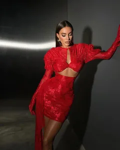 Mini robe drapée moulante et Sexy pour femmes, gants, rouge et blanc, nouvelle mode, boîte de nuit, fête, Bar, chanteur, robe de célébration d'anniversaire, 2024