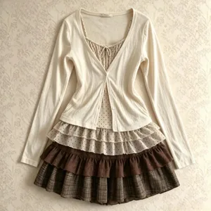 Pambabaeng Y2K Vintage Lace Patchwork Dress Dalawang Piraso Set Summer Elegant Retro Cardigan + Sweet Fashion Sleeveless Slim Mini Dress