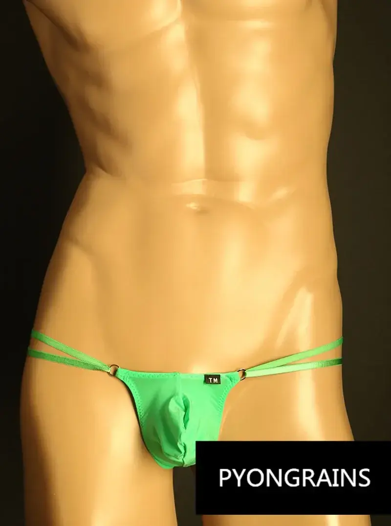 Lelaki Cincin O Logam Boleh Laras Dua Tali Nipis Bikini Seluar Rendah Naik Sutera Ais Sutera 3D U Convex Pouch Seluar Dalam Lelaki Seksi
