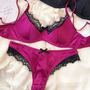 Pakaian Dalam Cawan Nipis Renda Seksi untuk Wanita Set Bra Push Up Perancis Berkualiti Tinggi Fabrik Sutera Keselesaan Bernafas Set Intim