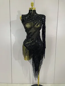 Ny glitrende rhinestones kvast Sexet gennemsigtig kjole Kvinder One Shoulder Latin Dance Outfits Barer Natklub Fest Scene kostume
