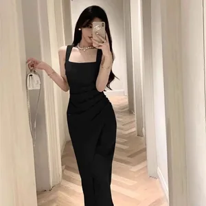 Robe drapée vert clair pour femmes, col carré, mi-mollet, élégante, sans manches, fente latérale, robe d'été concise