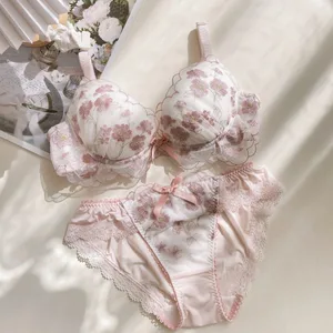 Fairy thin section lingerie women large size embroidery lace bra set low chicken heart gathered ladies underwear bra