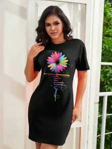 Nagy méretű nyári divatos kényelmes színes napraforgó betűs nyomat női sundress O-nyak mini ruha alkalmi ruha Vestidos