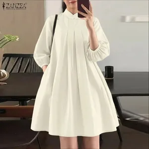 ฤดูร้อนผู้หญิง Elegant จีบชุดคอ 3/4 พัฟแขน Crinkled A-Line เข่าความยาวชุดลำลอง Robes femme