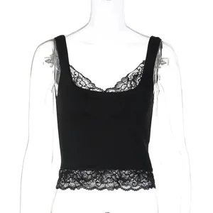 Top din dantelă neagră pentru femei, cu decolteu în V, fără spate, îmbrăcăminte de stradă, spaghetti, patchwork, decupat, top Y2k pentru femei, vestă sexy din dantelă 2026