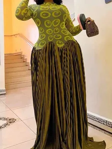 Elegante verde oliva vestidos de cintura alta manga longa maxi vestido para mulher festa à noite vestido plissado tecido elástico para vestido