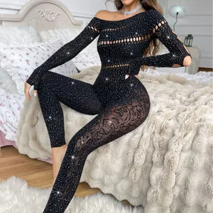 Frauen Sexy Mesh Strass Overall Langarm 
