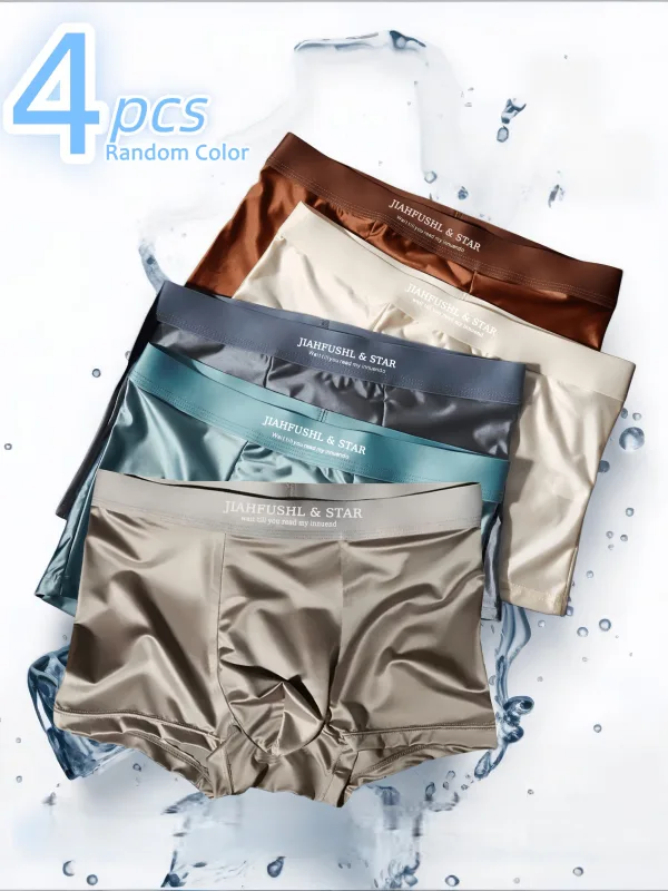 4 ชิ้น/แพ็คLuxury Ice Silkซาตินเหมือนนักมวยฤดูร้อนSmooth Coolกางเกงผู้ชายBreathableตาข่ายกางเกงเป้าชุดชั้นใน