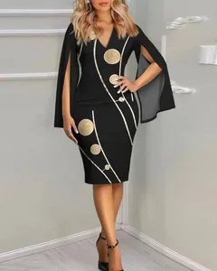 Kadın Ayçiçeği Desenli Midi Elbise - Yaz Partisi için Pelerin Kollu Seksi V Yaka Bodycon Elbise