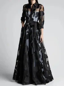 Elegante manga de três quartos com nó cintura jacquard malha maxi vestido para mulheres sem forro transparente clube festa vestido longo