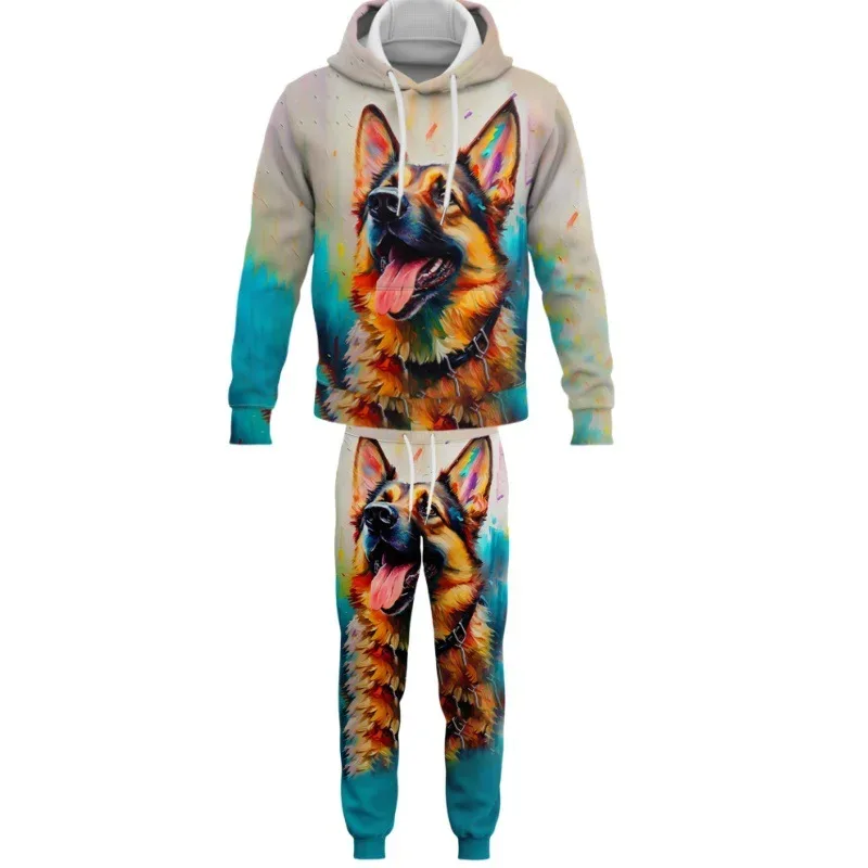Moda animales perro 3D impreso otoño Sudadera con capucha traje hombres sudaderas pantalones de chándal Casual dos piezas conjunto de chándal ropa de hombre