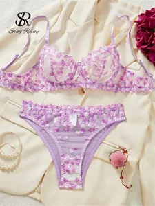 Mesh Sheer Lingerie Two Pieces Suits French Floral Seusual Underwear Sets Pambabaeng Embroidery Sexy Bra&Briefs Sets