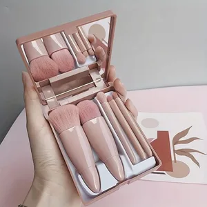 Set Kuas Rias 5 Buah Ramah Perjalanan dengan Cermin Kompak & Kotak Mini Kuas Eyeshadow & Bedak Longgar Serbaguna
