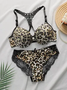 Leopard Print Front Closure Bra Set na may Underwire Push Up Lingerie Set para sa Babae Sexy Lace Bralette at Panty Two Piece Outfit