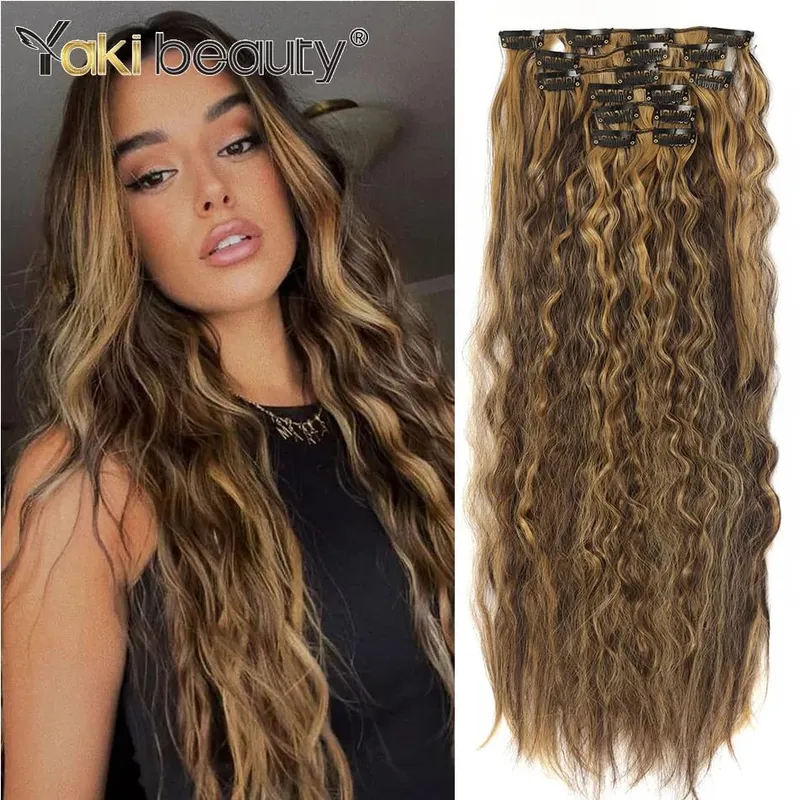 22'' Synthetic Curly Wave Clip-in Hair Extensions Long Water Wave Clip In Hair 150grams 6-Piece Clip Full Head Hair Pieces