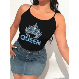 Pambabaeng Spaghetti Strap Cami Tank Top Blue Crystal Crown Queen Letter Graphic Print Walang manggas na Camiole Summer Casual Basic Tops