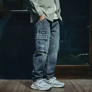 Pantaloni de blugi pentru bărbați, blugi vintage, pantaloni cargo lungi, largi, pantaloni drepți, cu talie înaltă, buzunar Y2k, îmbrăcăminte de stradă, elegantă, casual 2026