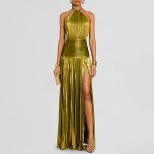 Ouro sexy halter alta divisão vestidos de noite mulher chique sólido oco plissado vestido longo primavera verão sem costas zip maxi vestido