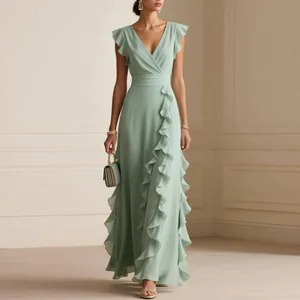 Abito lungo da donna elegante con volant in tinta unita senza maniche sexy con scollo a V Abiti maxi da sera per feste da donna alla moda della Boemia