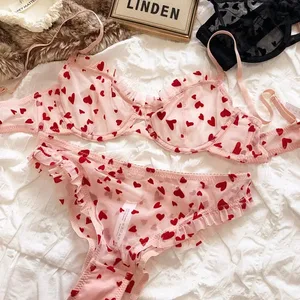 2 stk lingerisæt Sexet ultratyndt åndbar brystholder til kvinder Push Up BH-sæt Sommermesh Romantisk ferskenhjerte Intimates