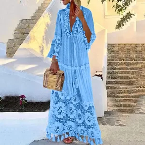 Abito da donna bohémien con scollo a V e nappa, abito casual di grandi dimensioni, abito da donna in pizzo, moda solida, abito elegante, abito lungo da vacanza Boho
