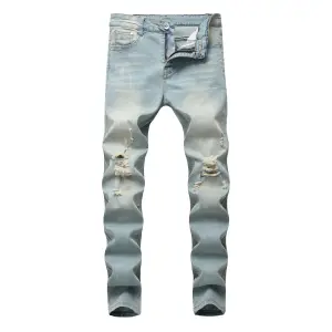 Seluar Jeans Kurus Lelaki Denim Seluar Punk Gaya Jalanan Koyak Seluar Basuh Vintaj Lelaki Kasual Slim Fit Seluar Denim Lubang Pensil 2025