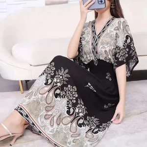 Casual elegante retrò stile nazionale bohémien con scollo a V elastico in vita grande altalena stampata gonna lunga estiva abiti da donna