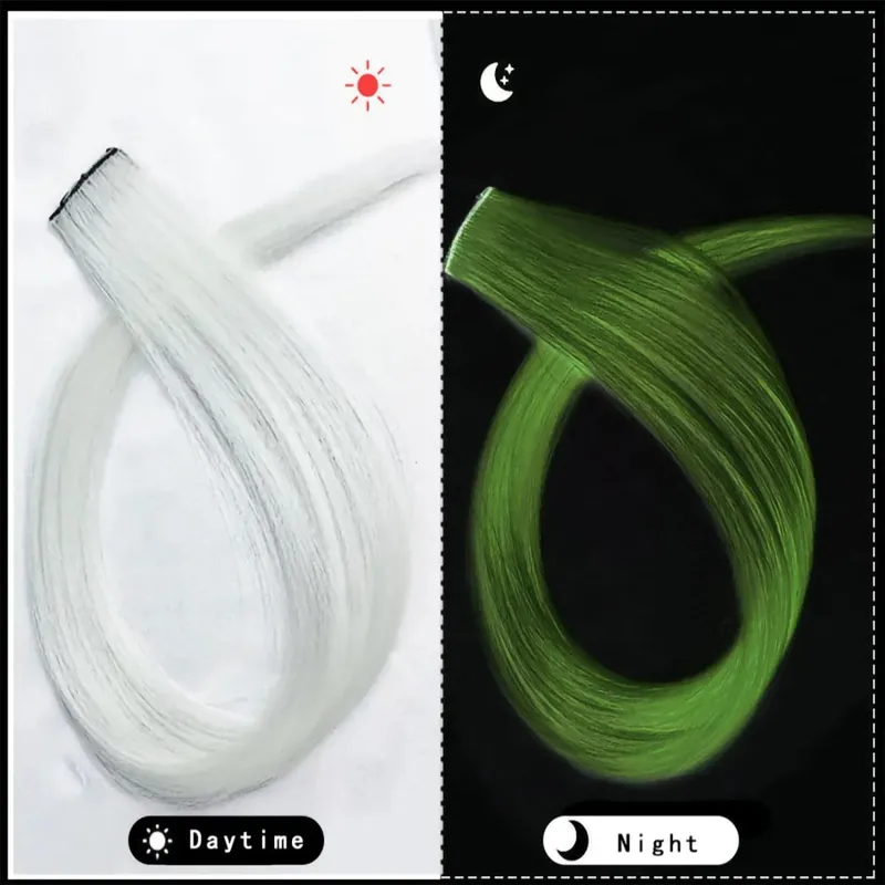5pc 20 Inch Glow in The Dark Hair Extensions Clip Luminous Colored Hairpieces Party Rainbow Hair Clips Synthetic Straight Wig