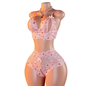 Soutien-gorge ouvert en dentelle rose, culotte sans entrejambe, Lingerie Sexy pour femme, écharpe séduisante, fétiche, ensemble de sous-vêtements transparents