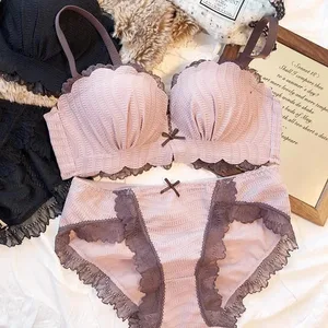 Sød Kontrastfarve Blonde Tyndt Undertøj Til Unge Piger Intimates One-Piece Sømløs Lille BH og Trusse Sæt Bomuld Lingeri