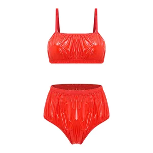 Dames glanzende waterdichte lingerieset bikini badmode nachtkleding clubwear bh-top zonder pad met badpak strand zwembad badkleding