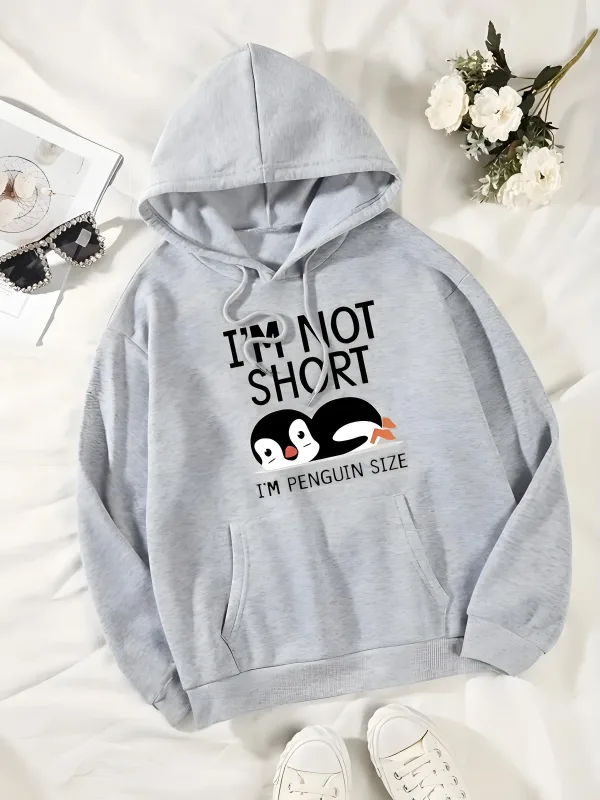 เสื้อสเวตเตอร์มีฮู้ดพิมพ์ลายน่ารัก 'ฉันไม่สั้นฉันเป็นนกเพนกวิน' สไตล์ฮิปฮอปลำลองสไตล์ Unisex ขนาดของเสื้อสเวตเตอร์กราฟิก Penguin
