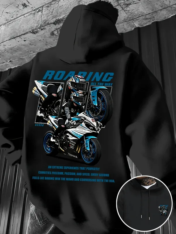 Sweat-shirt à capuche pour hommes, mode de rue, avec motif imprimé «moto», polaire pour l'extérieur, sensation chaude et confortable, hiver et automne