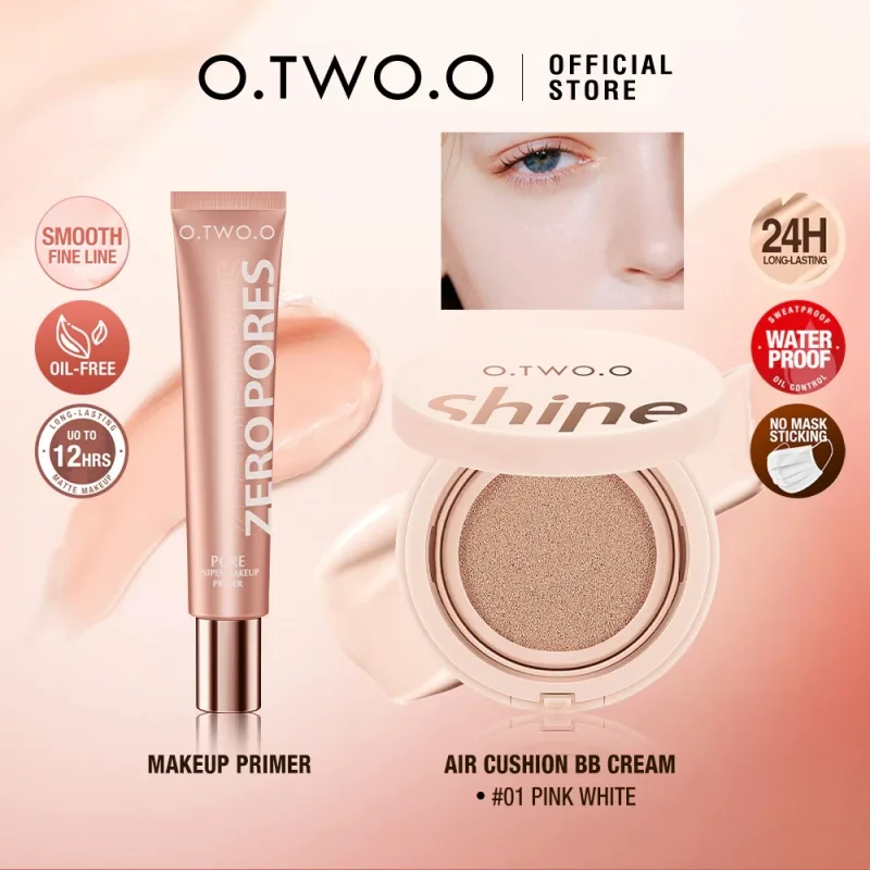 O.TWO.O 2-teiliges Gesichts-Make-up-Set, Primer, Luftpolster, BB-Creme, unsichtbare Ölkontrolle, Poren, weicher Fokus, langlebige Brightskin-Kosmetik