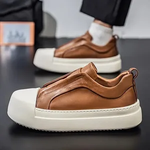 Retro brunt PU læder herresko Letvægts platform Elastisk bånd Casual sneakers Fashion Street Walking Sko høj kvalitet
