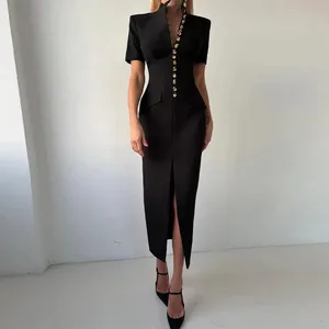 Elegant damklänning V-ringad Kortärmad Enkelknäppt Solid Kvinna Långa Klänningar 2026 Sommarmode Sexig Ny Chic Damrock