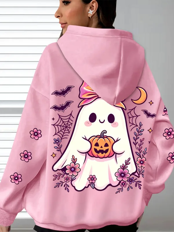 Sudadera con capucha para mujer, diseño de fantasma abrazando calabaza, con estampado de tema de Halloween, informal, de manga larga, con bolsillo, sudaderas con capucha de Halloween