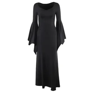 할로윈 의상 여성 Batwing 슬리브 바닥 드레스 블랙 고딕 이블 테러 맥시 여주인 Morticia Addam 성인을위한 가족 복장