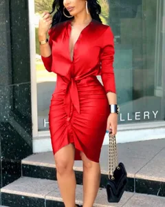 Vestido midi feminino manga comprida gola v, camisa bodycon franzida com gravata cintura assimétrica bainha para festa em clube noite